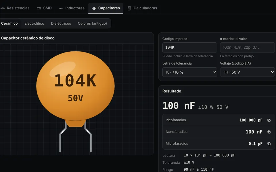 Capacitores cerámicos: 104 = 100 nF